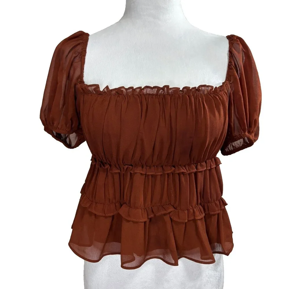 ASTR The Label‎ Ruched Top Chiffon Nutmeg Milkmaid Babydoll Coquette Y2K Sz XS